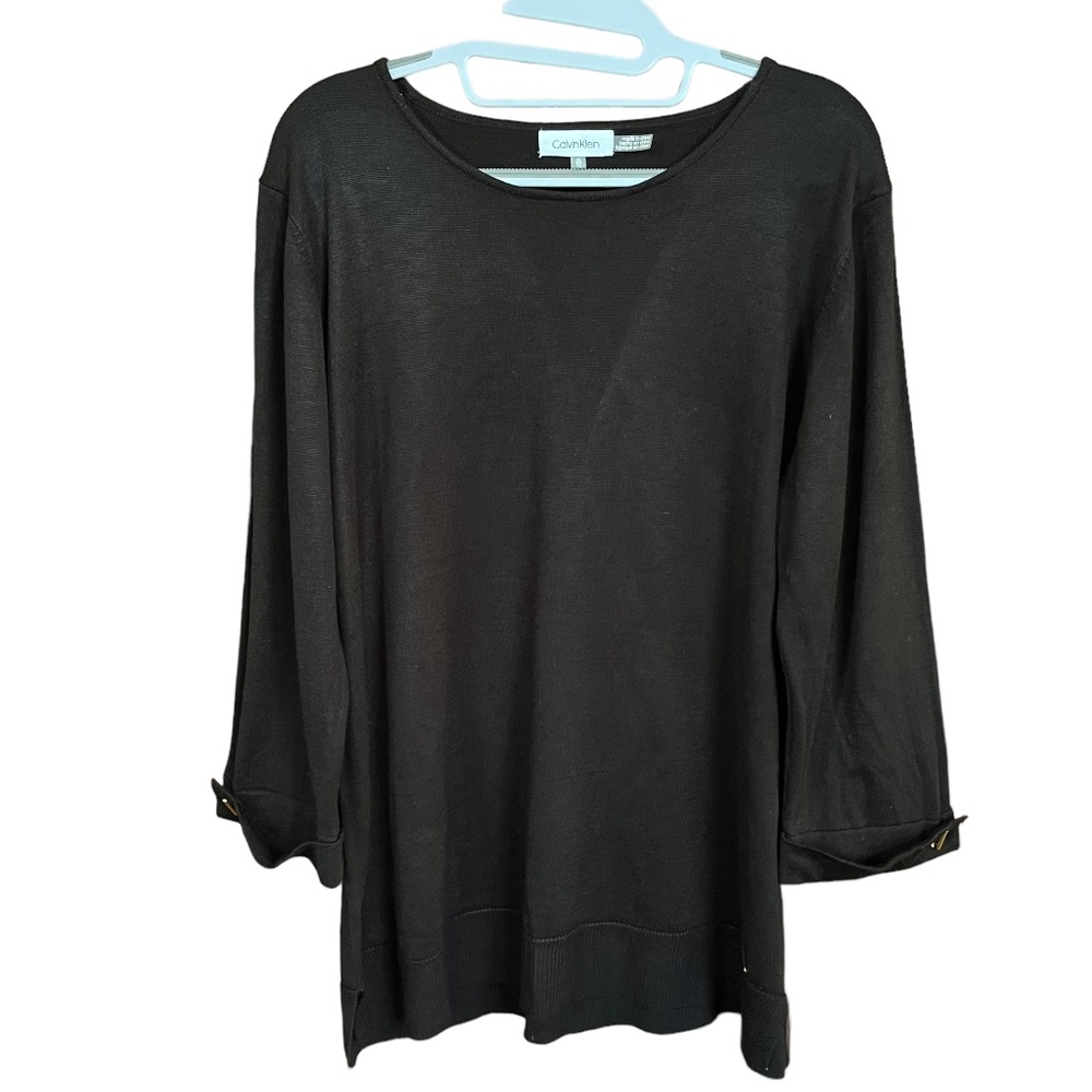 Calvin Klein Black 3/4 Sleeve Gold Hardware Accent Tunic Sweater Size XL EUC